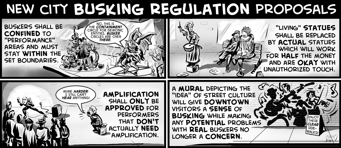 “New Busking Reg Prop” cartoon by Brent Brown