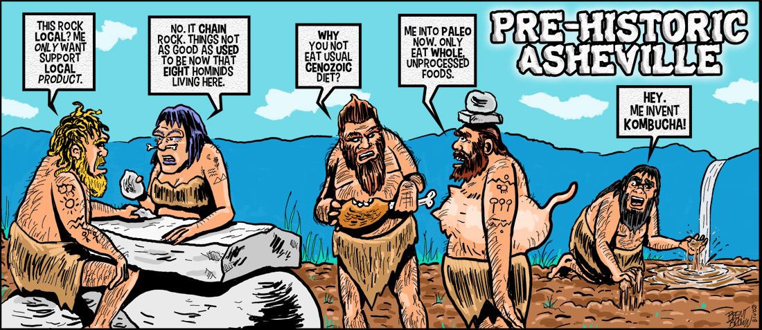 “Prehistoric Asheville” cartoon ©2018 – Brent Brown